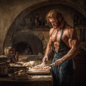 Can you make a picture of an Italian man behind the counter maki...