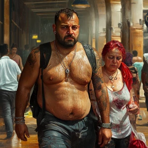 Photorealism,A sweaty beefy man walking with his 54 year old kas...