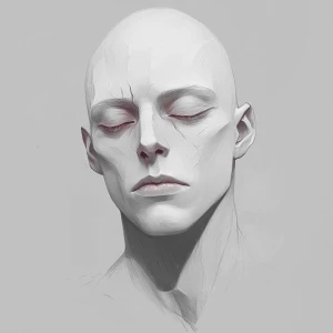 a pale, bald humanoid male with deep eye bags, hollow expression...