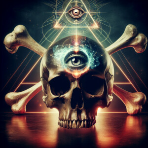 Skull with third eyeball and crossbones behind the skull