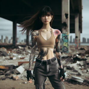 Thin Asian teen girl wearing tight jeans and a halter top Long brown hair and bangs, tattoos on her arms, athletic heroic pose