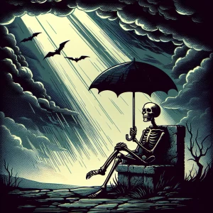 A lone skeleton figure sitting on a crumbling stone bench, holding a faded black umbrella against a dark, cloudy sky