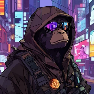 A character with a geometric, faceted face resembling a monkey,...