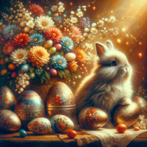 Create some ultra photorealistic images inspiring Easter, include some eggs and bunny , vivid colors, 9:16