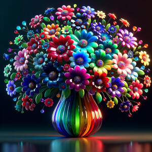 A vibrant and whimsical bouquet of glossy, multicolored flowers, each petal radiating joy in a spectrum of red, pink, blue, purple, orange, and yellow hues, assembled in a reflective, curved glass vase. The stems and leaves are rendered in rich, lifelike greens, contrasting beautifully with the brightly hued petals. The vase, positioned on a dark surface, holds a magical arrangement where the lower half is filled with layers of sparkling, jewel-toned crystals, creating a rainbow gradient from green to blue to fiery orange. Each flower seems to have a character of its own, contributing to a cheerful and enchanting composition that exudes the essence of a dreamy, enchanted garden.