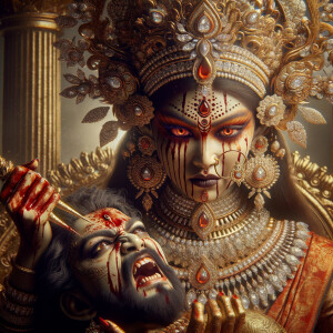 portrait of angry looking goddess durga, sitting on a gold crown...