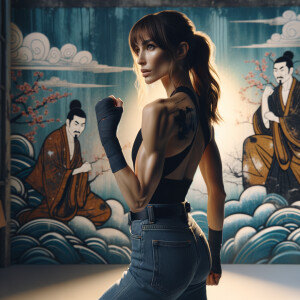 Athletic Thin skinny Attractive, Asian teenage girl, long brown hair and bangs, wearing tight skinny jeans and a halter top paint marks on her clothing, heroic pose Asian graffiti background, backside view