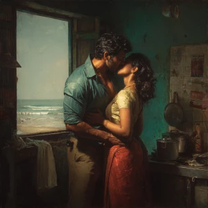 Hyperrealistic painting depicting a muscular, perspiring wealthy...