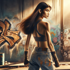 Athletic Thin skinny Attractive, Asian teenage girl, long brown hair and bangs, wearing tight skinny jeans and a halter top paint marks on her clothing, heroic pose Asian graffiti background, backside view