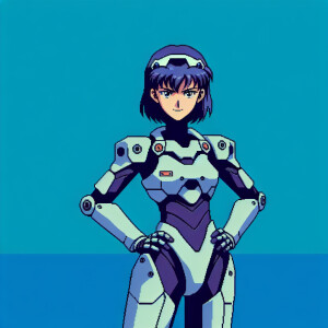 1990s anime screencap, girl in plugsuit, standing with hands on...