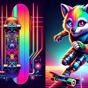 A cartoon of a cat skateboarding with rainbow colors