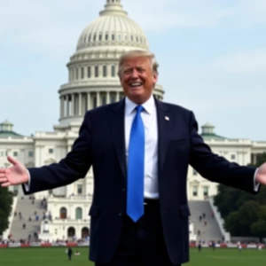 Donald Trump grinning, arms outstretched to his sides, standing...