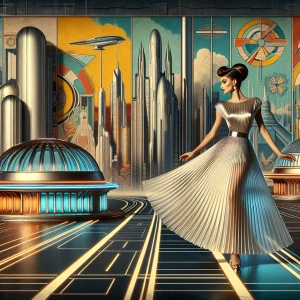 A graceful woman posing in a flowing dress that combines 1960s elegance with advanced materials. The dress glows faintly along its seams, and her hair is styled in a vintage updo, contrasting with the futuristic backdrop of a sleek, domed city