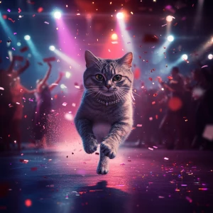 A pop star cat inspired by Taylor Swift, sprinting off stage in...