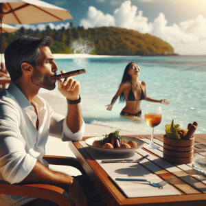 Create a restaurant, sitting on the beach, eating and smoking ma...