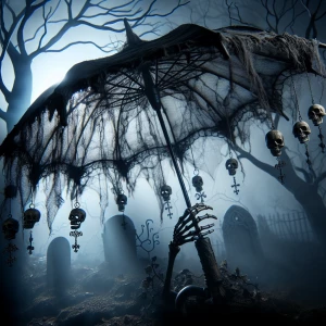 Imagine a macabre umbrella with a handle shaped like a skeletal...