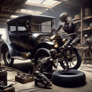 1920 Model T, deep black, in the workshop with terminator mechan...