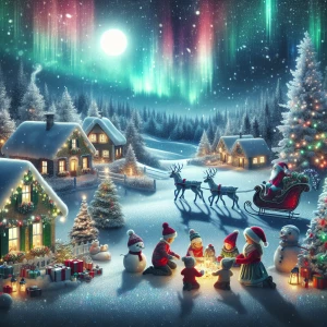 Design a festive Christmas scene featuring a snow-covered terrai...