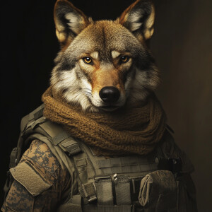 A male, anthromorphic Florida red wolf, wearing military gear