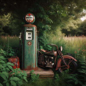1920 gas pump sitting in a field, 1920 Indian motorcycle proped...