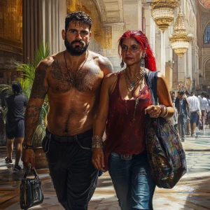 Hyperrealism,A sweaty beefy man walking with his 54 year old kas...