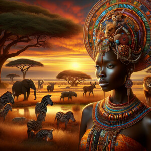 Envision a magnificent African savannah at the golden hour of su...
