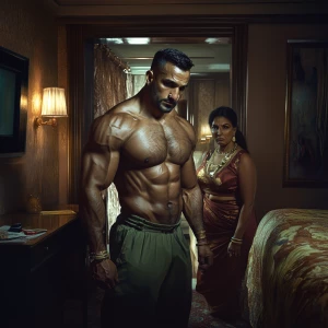 Realism,photo,a muscular, sweaty man entering a New York hotel r...