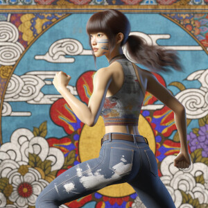 Athletic Thin skinny Attractive, Asian teenage girl, long brown hair and bangs, wearing tight skinny jeans and a halter top paint marks on her clothing, heroic pose Asian graffiti background, backside view