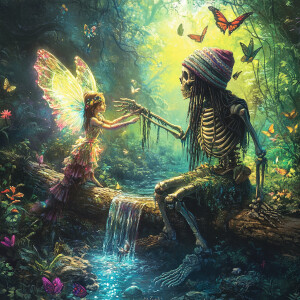 Create an enchanting scene in a lush, mystical forest where a wh...