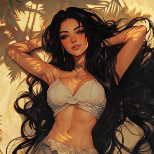 Illustration in the style of alphonse mucha, Bayonetta, in relax...