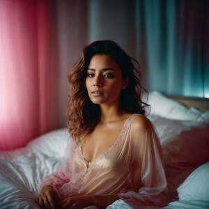 Beautiful woman waking up in bed wearing a transparent nightee