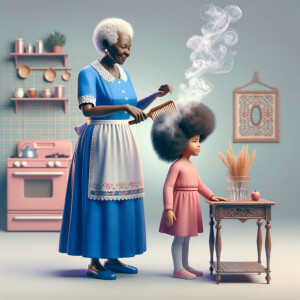 Create a realistic 3-D image of an african-American grandmother wearing a blue house dress. She is in the kitchen with her african-American granddaughter. Her granddaughter is wearing a pink dress The grandmother has a hot comb in her hand and she is straightening her granddaughters hair. One side of her granddaughters hair is in  a Afro the other straight 
There is smoke coming from the hot comb