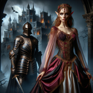 Black knight standing in front of a undead castle with standing with a Greek elf queen with a burgundy,gold and pink dress