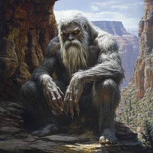 A humanoid looking grey haircovered sasquatch with a matted bear...