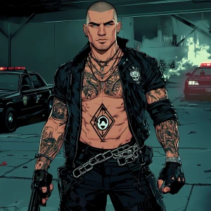 A muscular man with a shaved head, stern, intense expression, an...