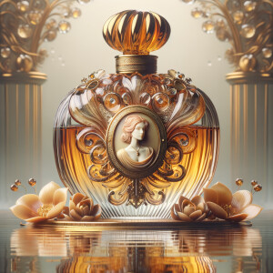 Craft an intricate digital artwork featuring an elegant perfume...