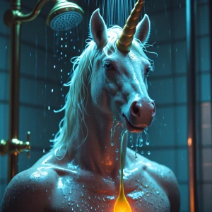 Imagine the unicorn man who’s taking a shower and he’s turned on when he realizes, that the guys dick next to him is rock hard cause he’s spying on his hung horsehood making unicorn man ooze from his impressive horse dick making him shot that iridescent color cum of his all over his hairy pecs