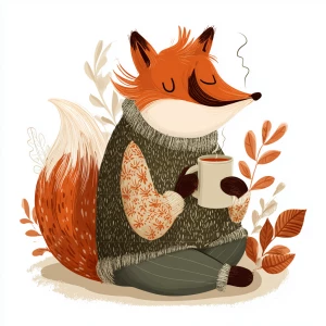 Sleepy fox sipping tea with closed eyes, cozy cartoon vector sty...