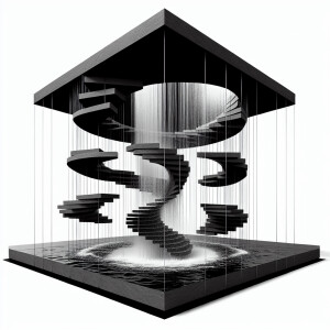 Create a design for a floating waterfall fountain featuring thin...