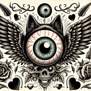 Zombie cat eyeball with wings in an old school tattoo style