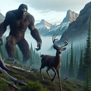 A humanoid looking.sasquatch hunting a deer down a mountain rang...