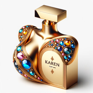 Create a 3-D realistic gold and blue, colorful jewels perfume b...