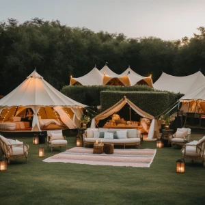 Outdoor Glamping birthday party with large bell tents to sleep a...