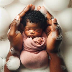 A newborn African-American baby girl with curly black hair, held...