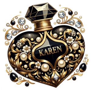 Design a fancy, black and gold bottle of perfume in the shape of a woman’s body. With a golden diamond top, flowers pearls and Diamonds in the name, Karen