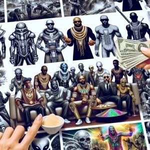 Guys dressed in hip-hop clothing and jewelry standing around a t...