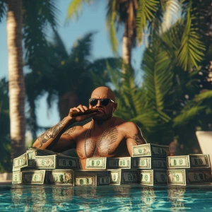 PEPE meme,smoking a big cigar counting very large stacks of mone...