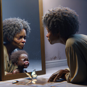 Create a 3-D realistic, adult african-American, female 
Did curly black hair, dark skin, looking at herself in a mirror, but the child that she sees in the reflection is dirty and crying and has scars, and there is a fallen butterfly