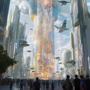 A holographic display of a futuristic cityscape towers above the...
