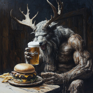 Wendigo eating a big fat cheeseburger and drinking a cold coors...